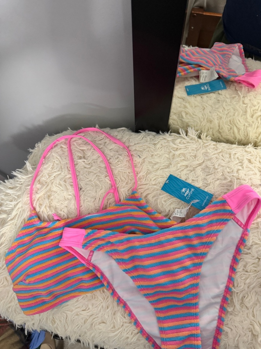 Cupshe Hot Pink Strappy Bikini Top with Multicolor Trim